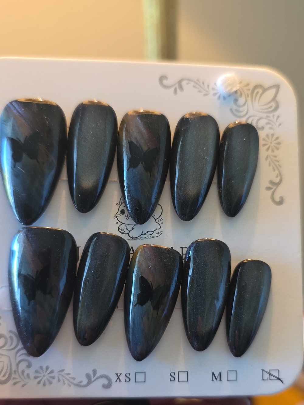 Blackish Iridescent Stiletto Press-On Nail Set with Butterfly Accent Size Large